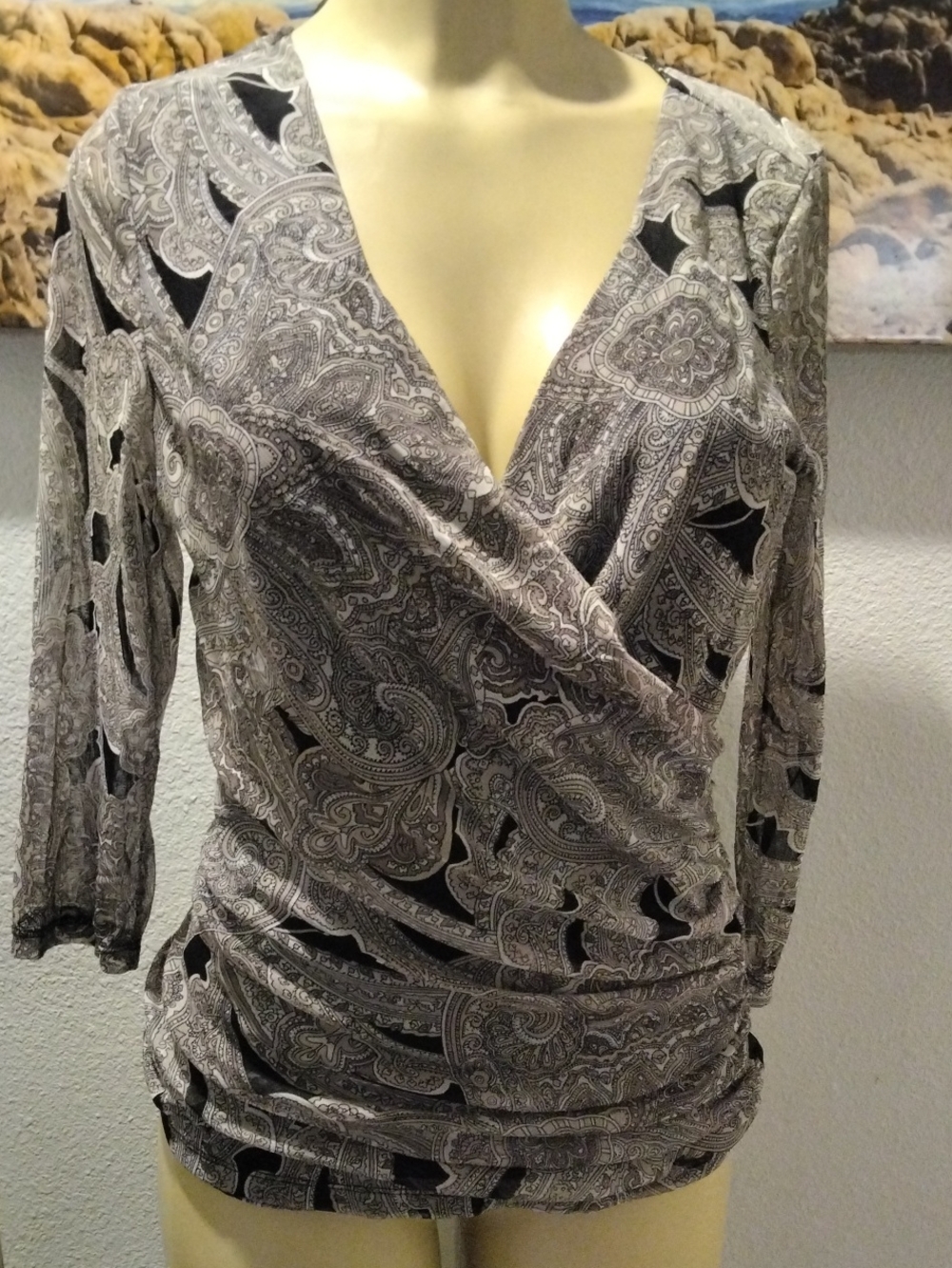 INC International Concepts Gray and Black Paisley Wrap Blouse